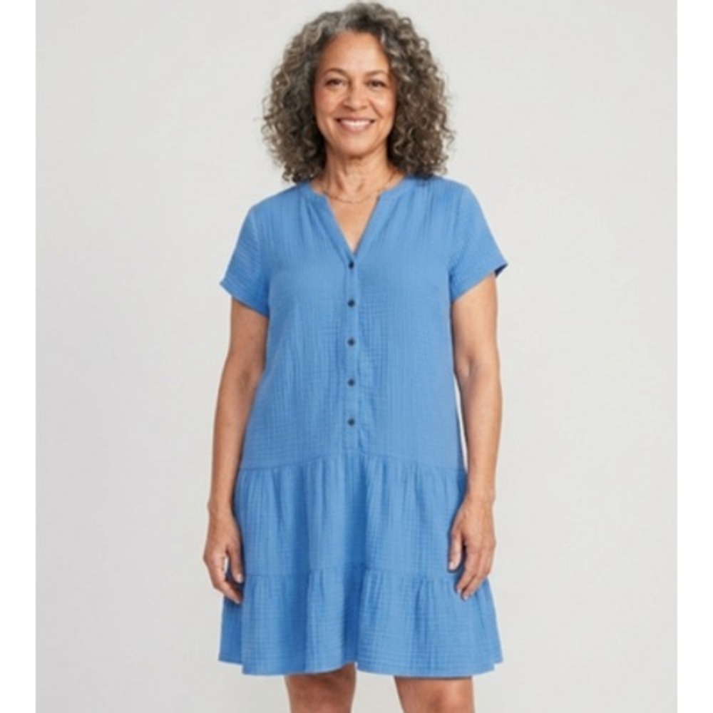J. Jill Blue Linen Trapeze Swing Short Dress‎ Womens Petite M Button V-Neck